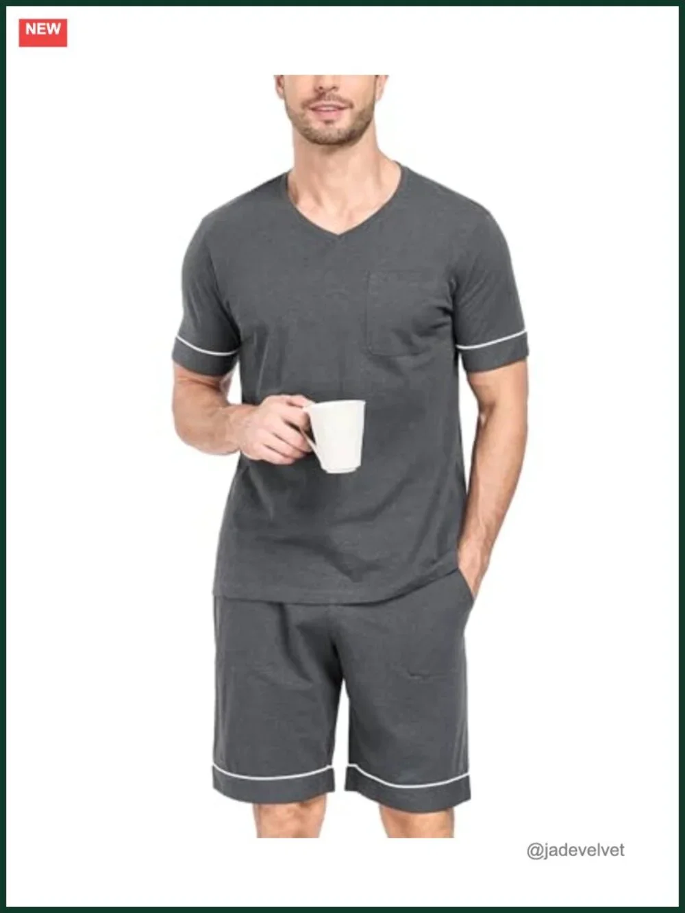 100% Cotton Men's Pajama Set Short Sleeve V-Neck Sleepwear Shorts with Pockets